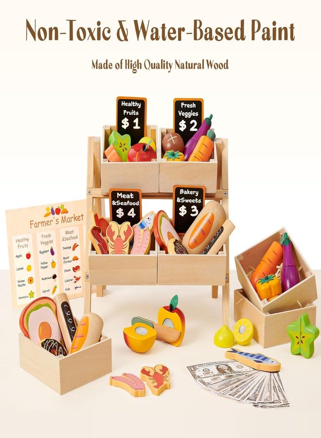 Toyssa 40+ Pcs Wooden Play Food Set with Grocery Store Shelf & Cutting Toys, Pretend Play Kitchen Accessories for Toddlers Kids, Educational Farmers Market Role Play Gifts for Girls Boys 3-7 Years - Image 3